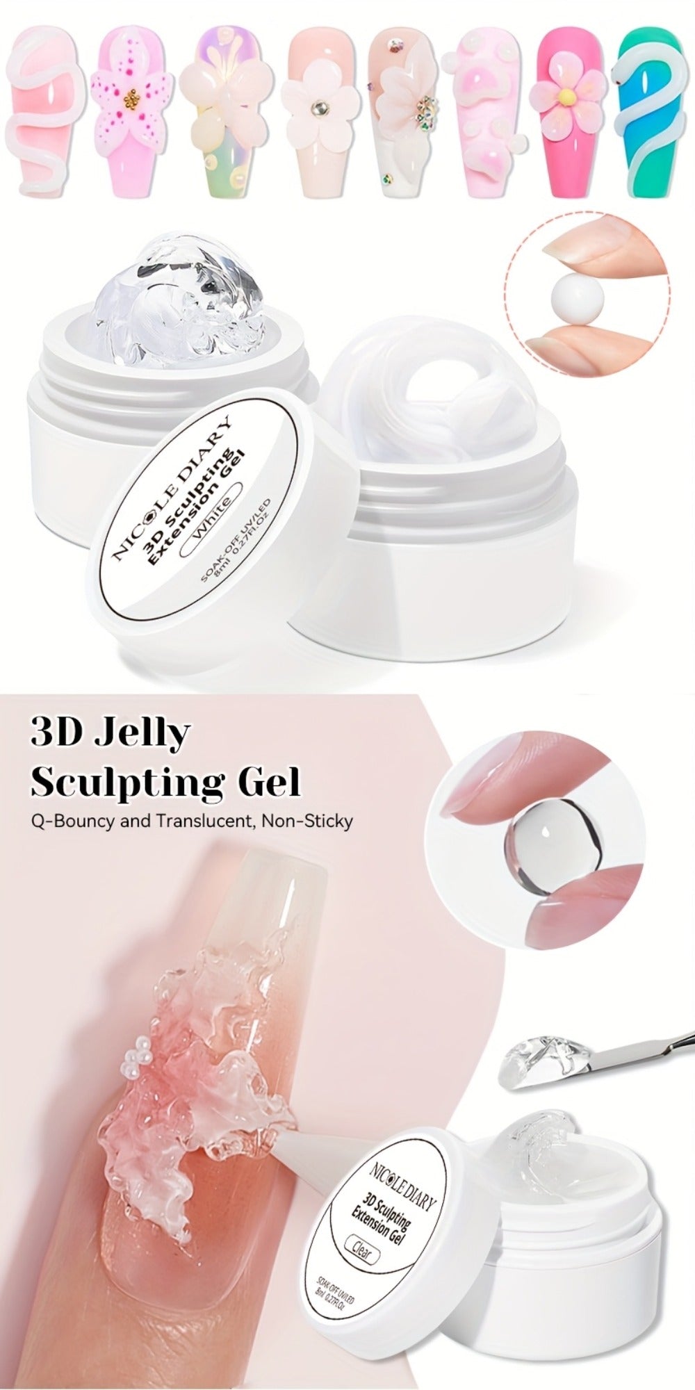 3D Sculpting Builder Gel Kit with Carving Pen – Clear & White Nail Extension Gel for Floral Nail Art, Acrylic Extensions & DI