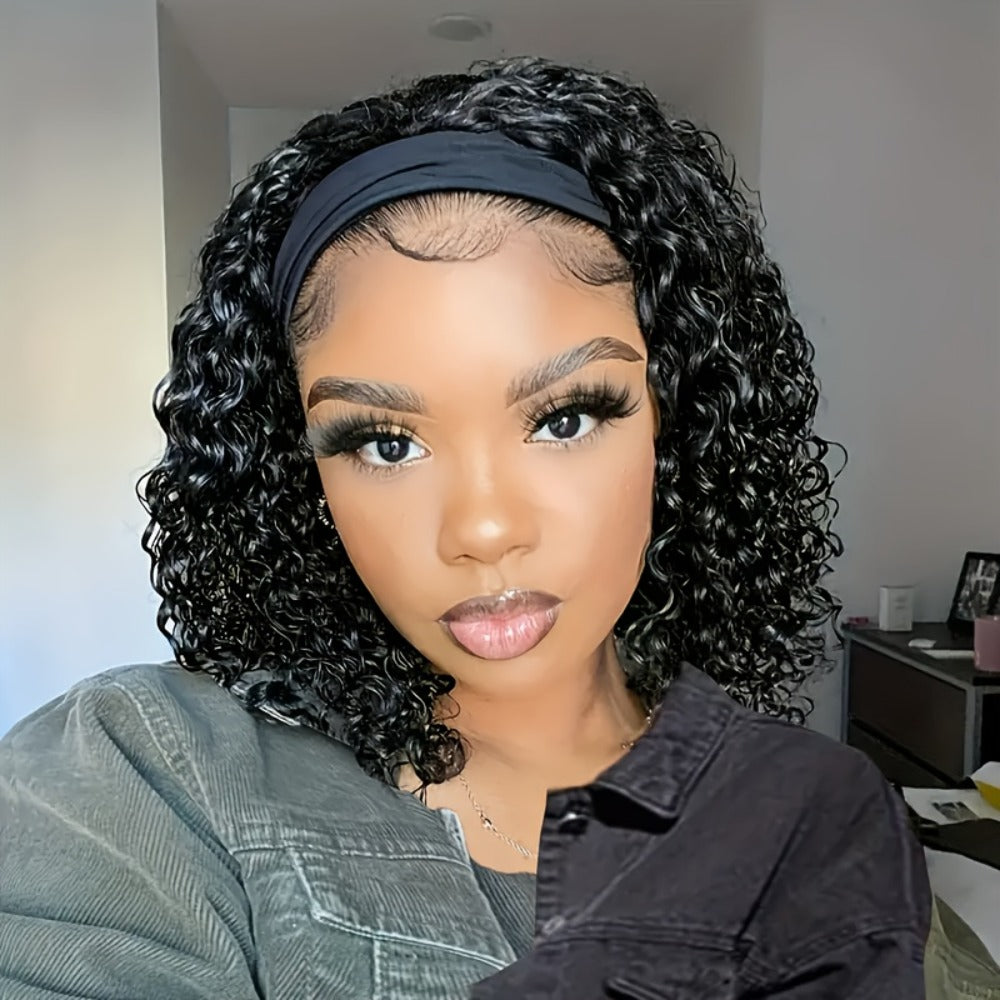 Headband Wig Curly Wavy for Women Black Synthetic Glueless No Lace – Elastic Cap Heat Resistant Beginner Friendly for Daily W