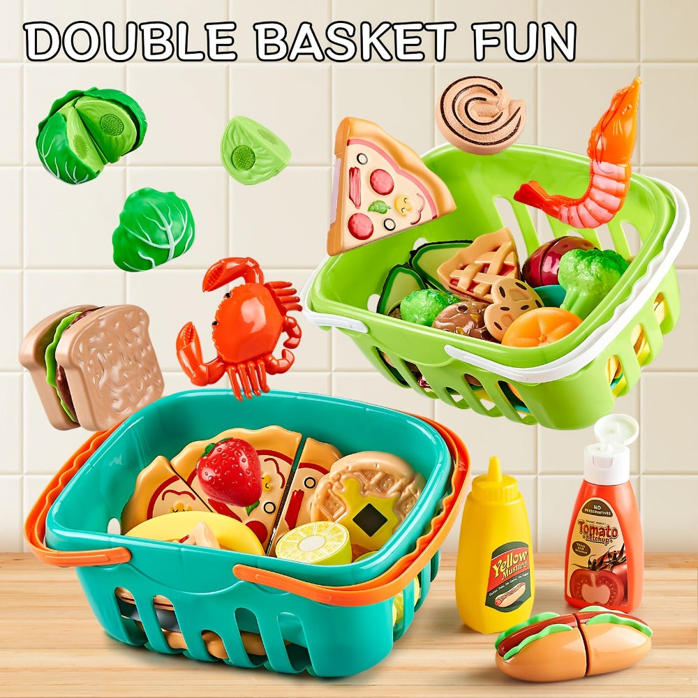 Pretend Play Food Set 85pcs, Cutting Toy Food with 2 Baskets, Pizza Veggies & Fruits, Play Kitchen Accessories for Toddlers —