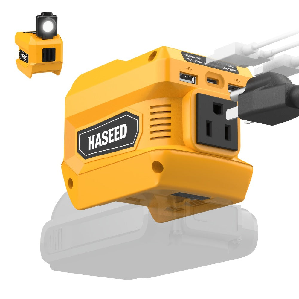 Portable Power Inverter 200W – DeWalt 20V Battery Compatible, DC to AC 110V, 2 USB + Type-C Fast Charging, 400LM Work Light, 