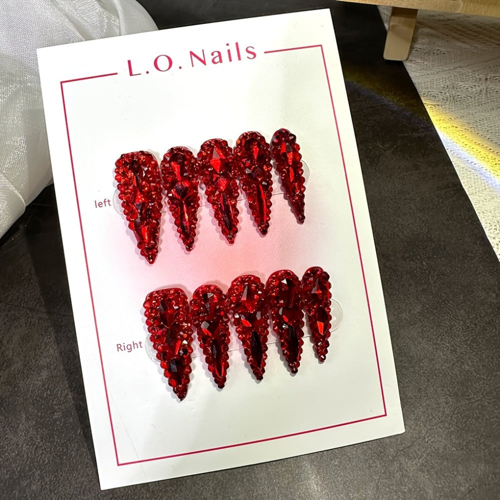 Press On Nails 10-Piece Long Water-Drop Set with Red Glass Glitter and Removable Self-Adhesive Gel Tabs — image 8