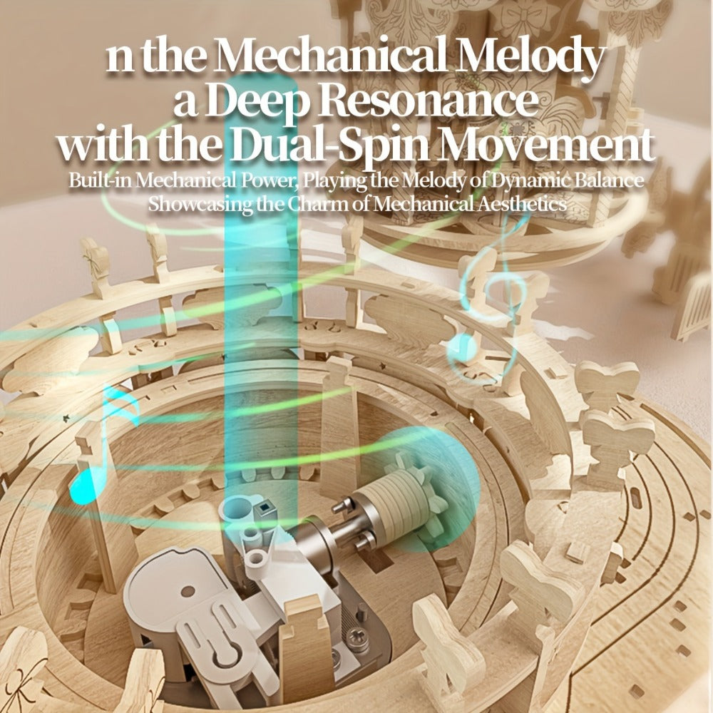 Rotating Merry-Go-Round Wooden Puzzle Kit, Mechanical Carousel 3D Model for Adults & Teens, DIY Kinetic Display Piece — image