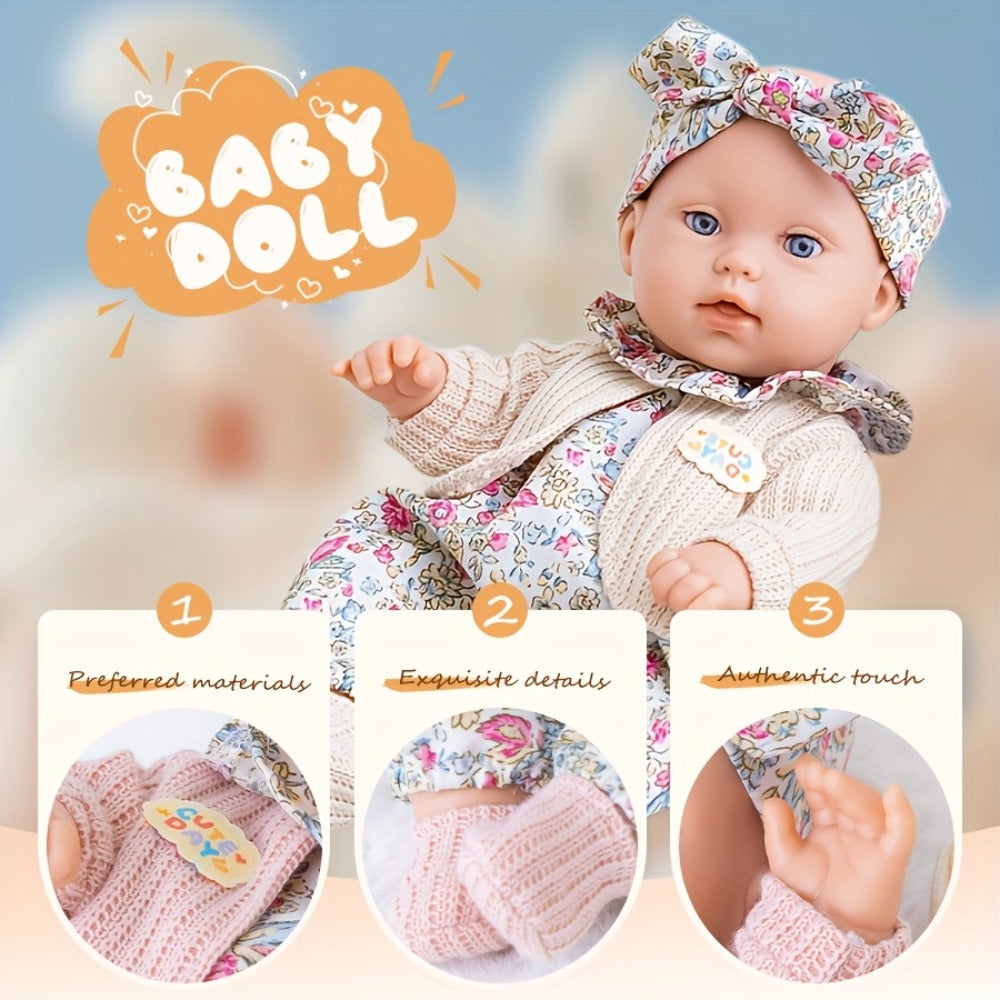 Floral Dress Baby Doll 12 Inch with Rabbit Plush Toy Gift Set, Realistic Vinyl Doll with Floral Outfit — image 9
