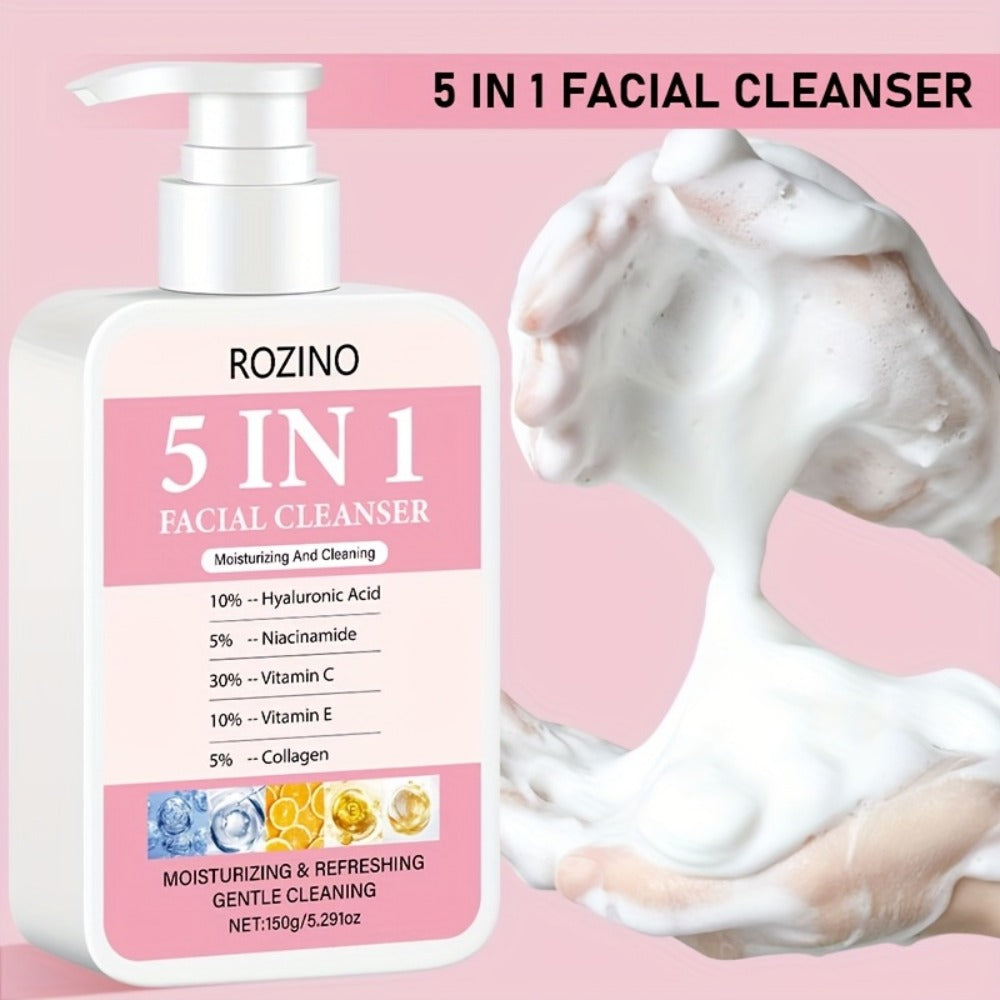 Brightening Face Wash 5-in-1 with Hyaluronic Acid Niacinamide Vitamin C Vitamin E & Collagen – Rich Foam Deep Cleansing Moist