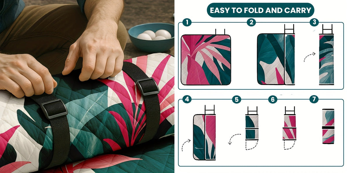 Large Padded Picnic Blanket with Carry Straps in Geometric, Palm-Village or Tropical Leaf Prints — image 17