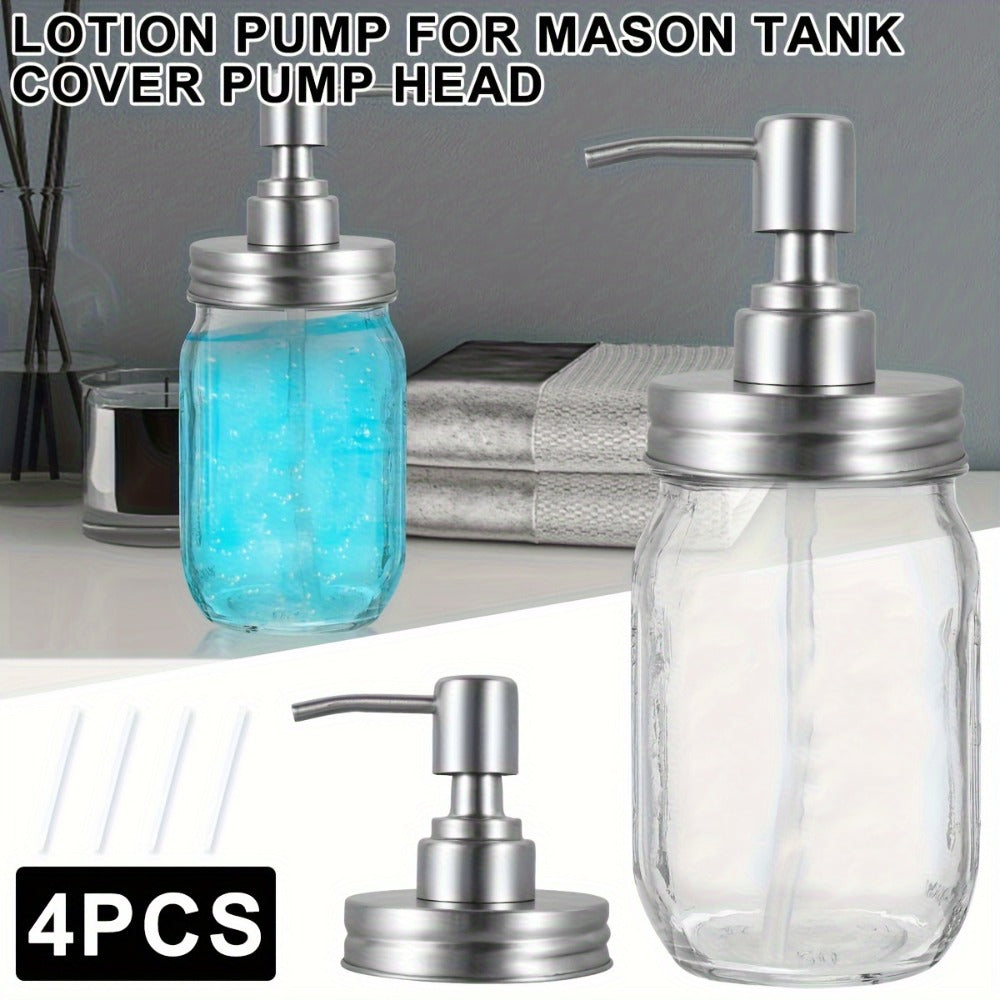 Mason Jar Soap Dispenser Pump Lids 4 Pack – 304 Stainless Steel Regular Mouth Mason Jar Pump Replacement, Leakproof Gasket — 