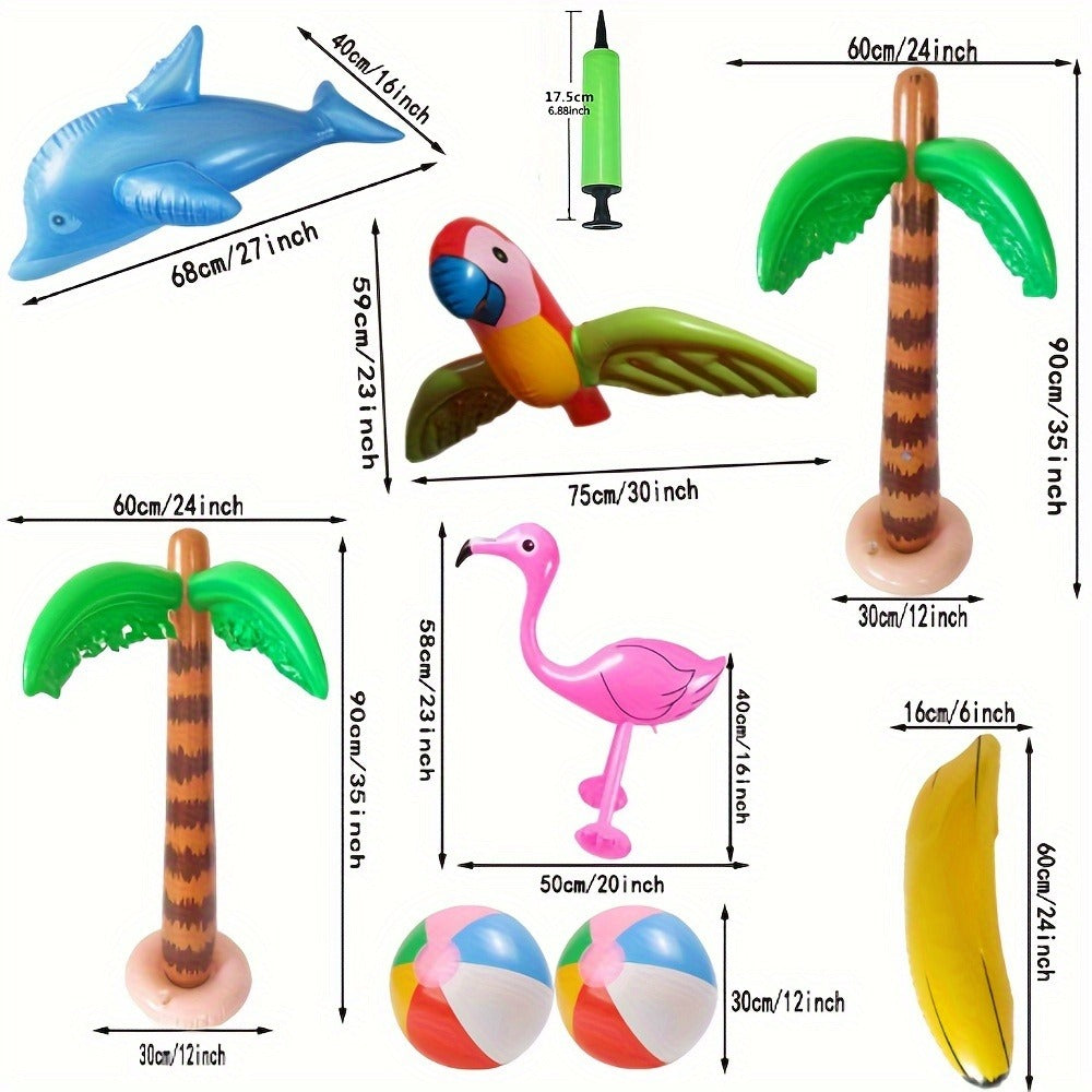 Hawaiian Party Decorations Inflatable Set 9 Pieces - Coconut Trees Beach Balls Flamingo Parrot Dolphin Banana with Pump — ima