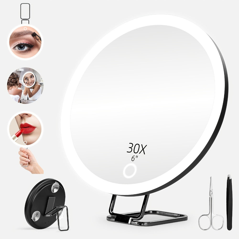 30X LED Magnifying Mirror Rechargeable 6-Inch Lighted Handheld Pocket Mirror with Hanging Loop – Portable Travel Vanity Mirro