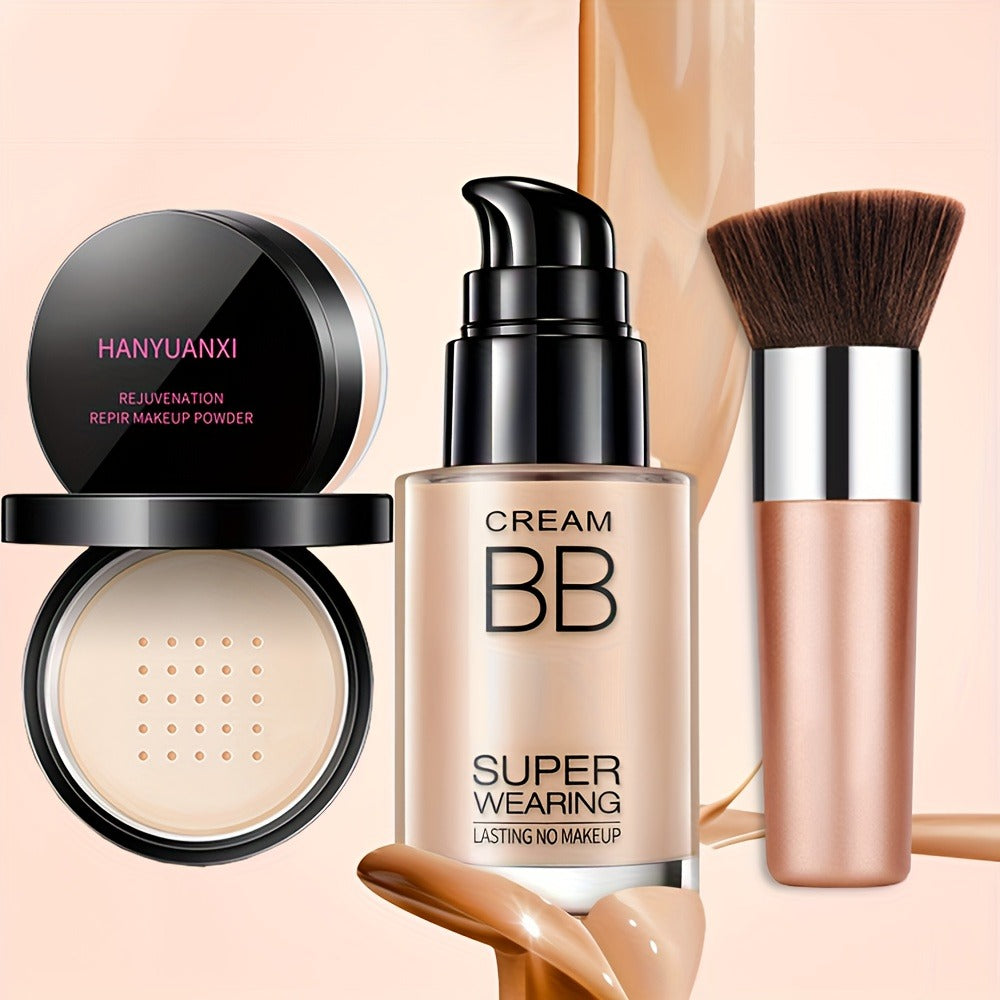 BB Cream Makeup Kit with Loose Setting Powder Brush & Sponge – Full Coverage Waterproof Long-Lasting Hydrating Foundation Set