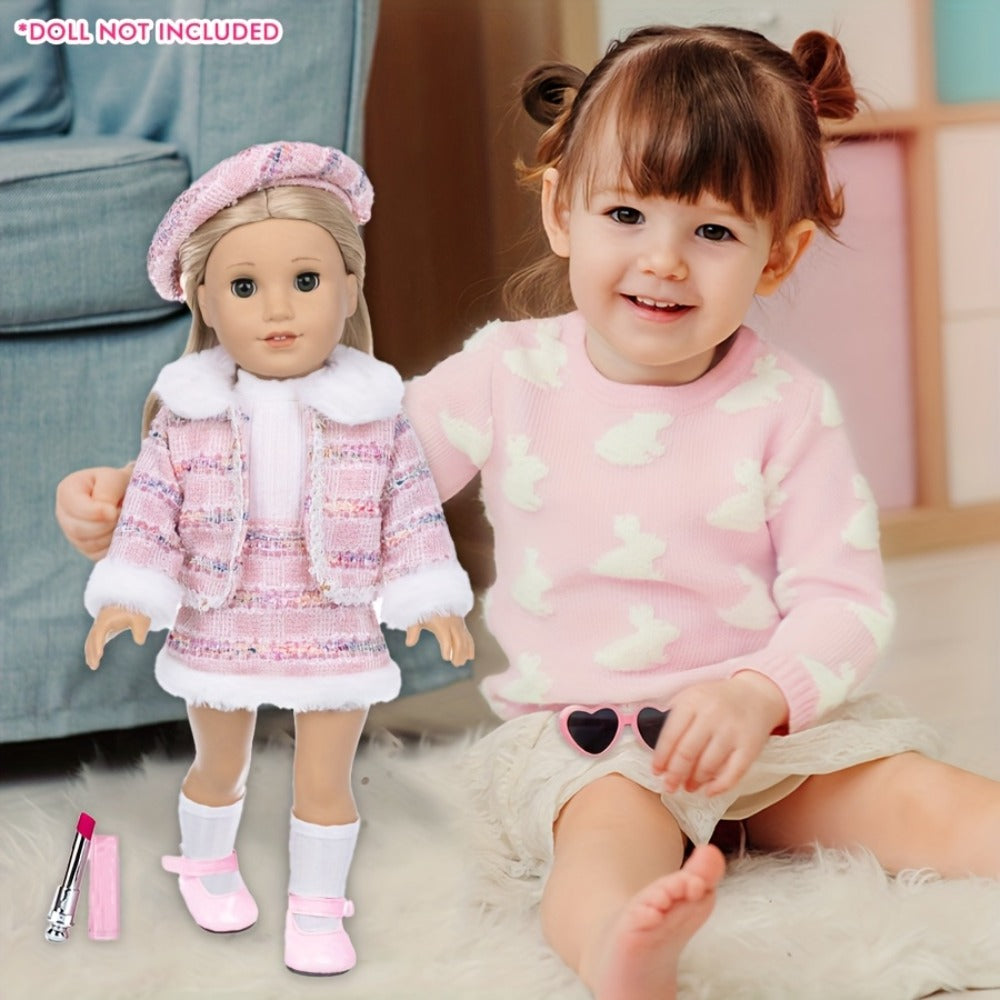 18 Inch Doll Knitted Clothes Outfit Set with Hat Jacket Skirt Shoes Socks Sunglasses Lipstick — image 7