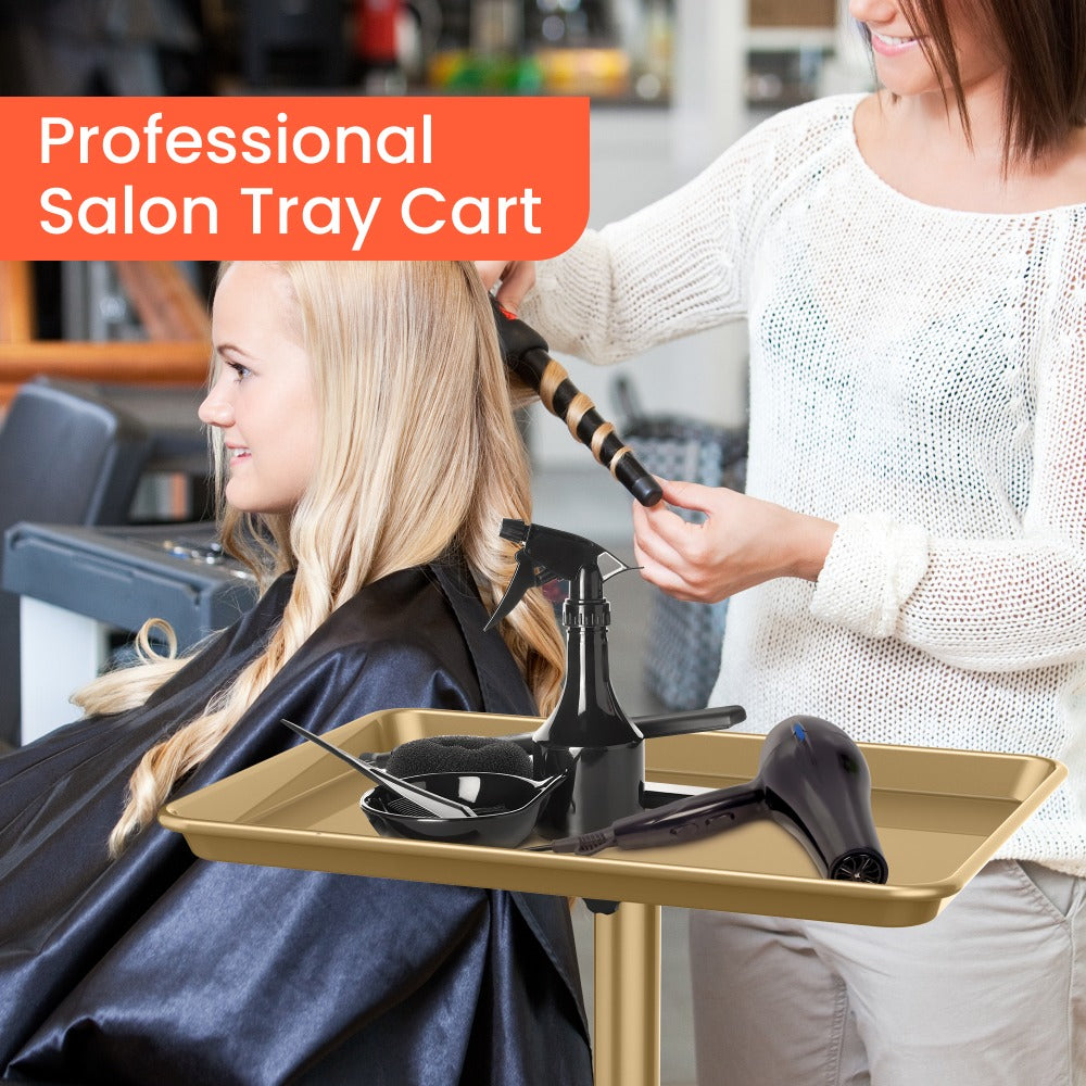 Rolling Salon Tray Cart on Wheels Adjustable Height 17.9x12.8 Inch Mobile Stylist Tray Table for Spa Tattoo Studio Blowdry Ba
