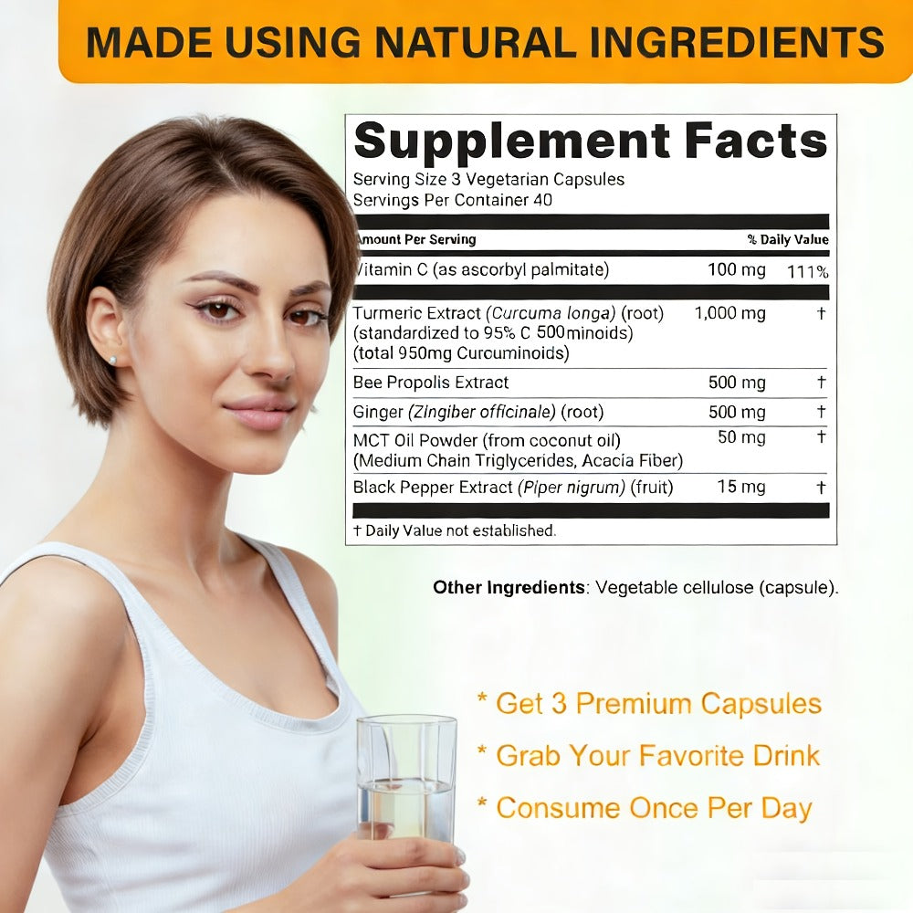 Herbal Supplement Turmeric Curcumin 1000mg per Serving with Ginger Black Pepper Bee Propolis, 120 Vegetarian Capsules — image