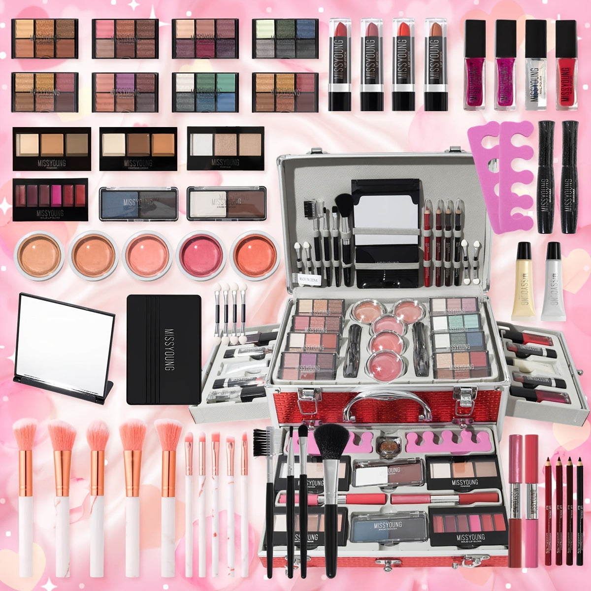 Makeup Kit in Handled Aluminum-Style Travel Case with Mirror, Tiered Trays and Silvery or Red Finish — image 8