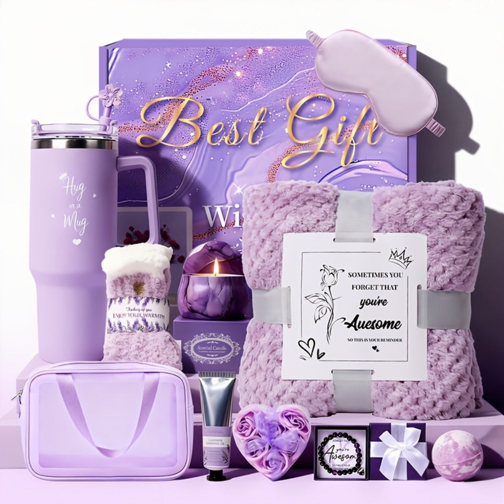 Luxury Spa Gift Set for Women 10-Piece Rose Scented Candles Bath Salt Balls Dried Flowers Eye Mask Soap Blanket Socks Hair Ri