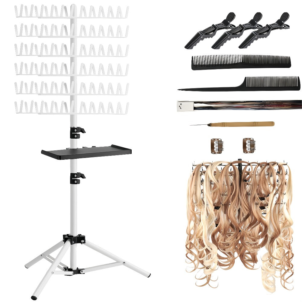 Braiding Hair Rack 144 Pegs Height Adjustable 2-Side Hair Extension Holder Stand with Tray – Foldable Portable Professional B