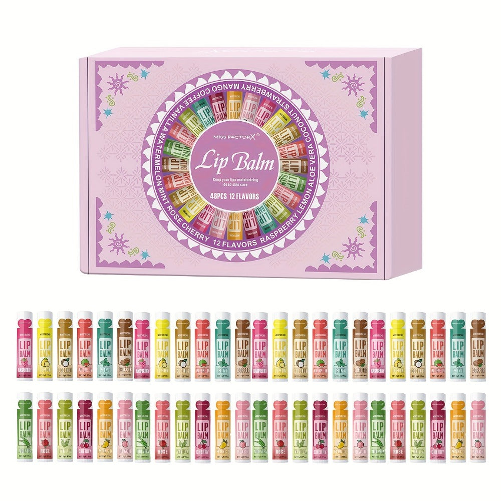 Lip Balm Gift Set 48pcs MISS FACTORX – Moisturizing Glycerin Lip Butter, Hypoallergenic Natural Finish for All Skin Types — i