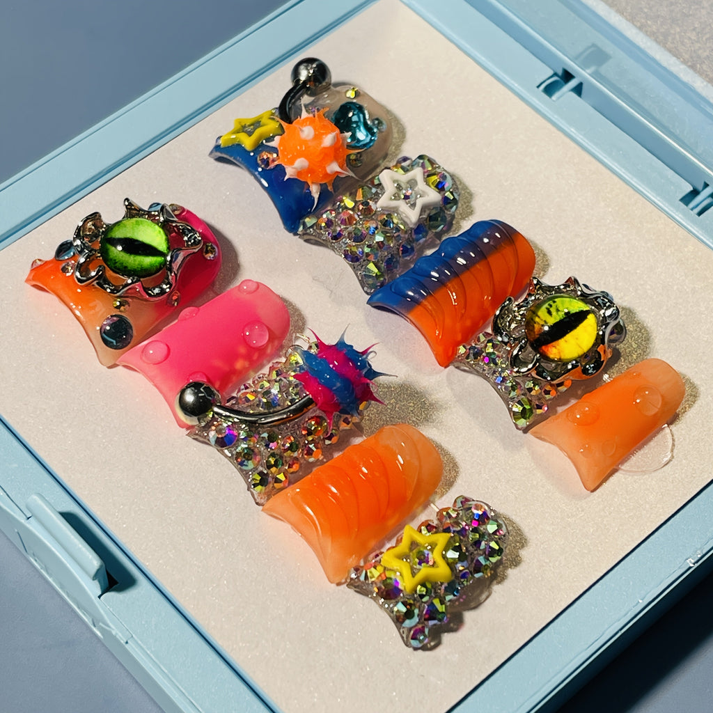 Press On Nails Handmade Y2K Duckbill Set with 3D Eye Barbell Star Rhinestone Charms and S M L Sizes — image 1