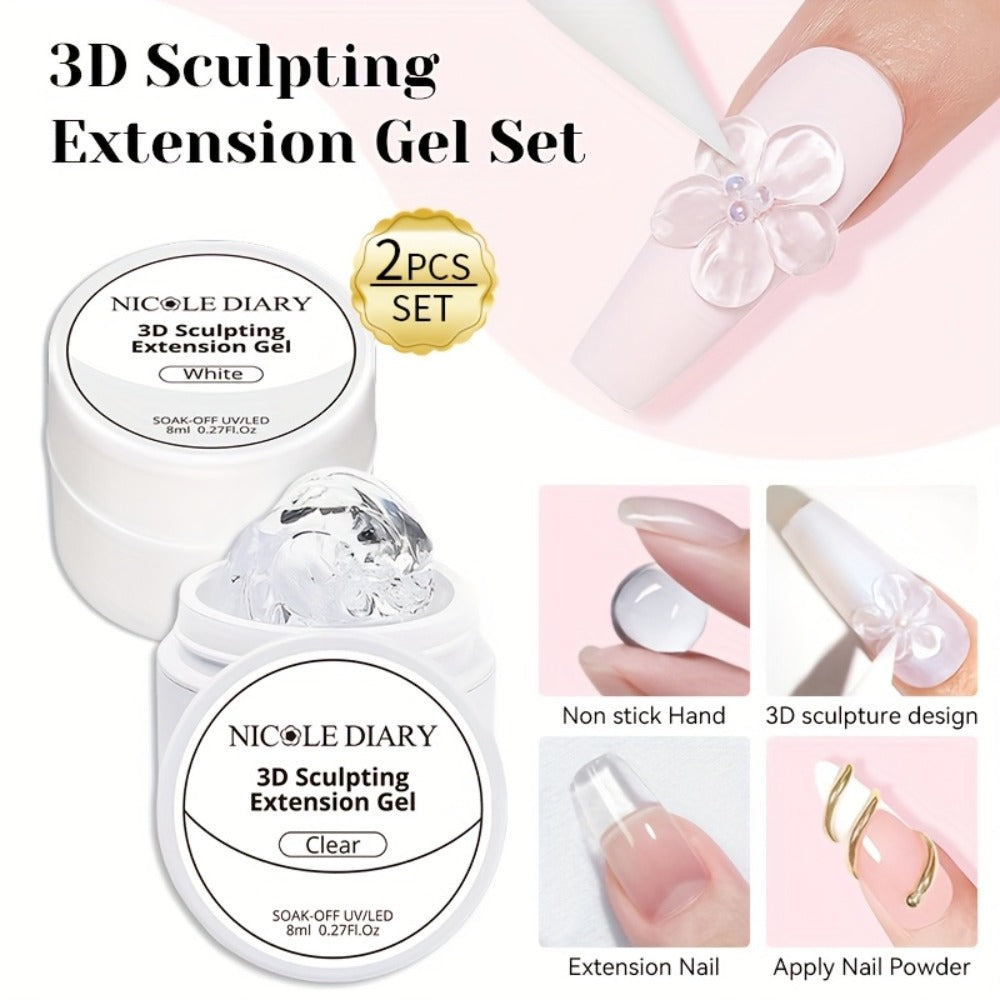 3D Sculpting Builder Gel Kit with Carving Pen – Clear & White Nail Extension Gel for Floral Nail Art, Acrylic Extensions & DI