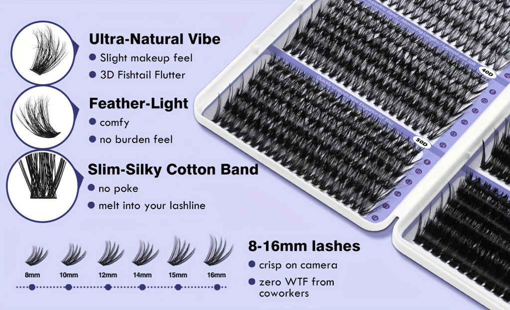 Premade Lash Clusters 708Pcs Mixed Length 30D 50D 80D 100D Wispy Volume Kit – Natural Fluffy DIY Lash Extensions with Bond Se