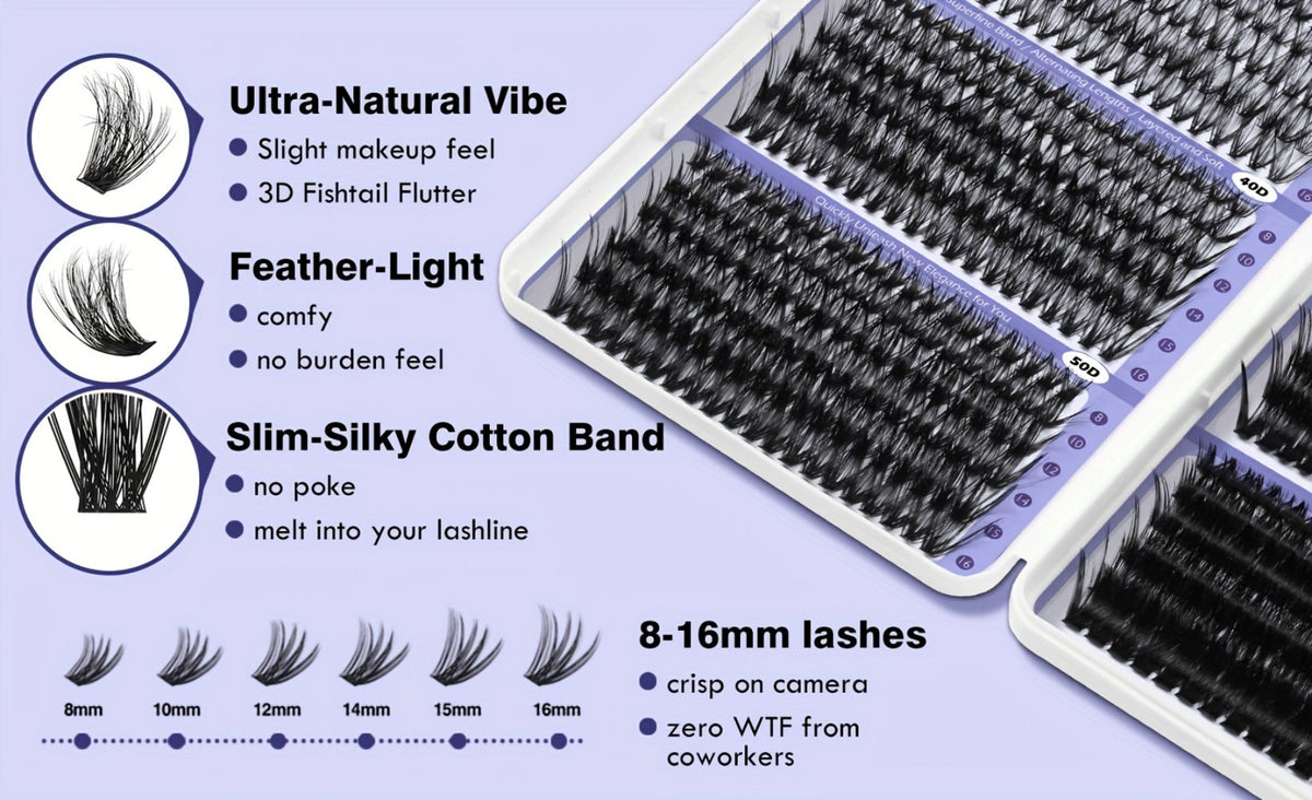 Premade Lash Clusters 708Pcs Mixed Length 30D 50D 80D 100D Wispy Volume Kit – Natural Fluffy DIY Lash Extensions with Bond Se