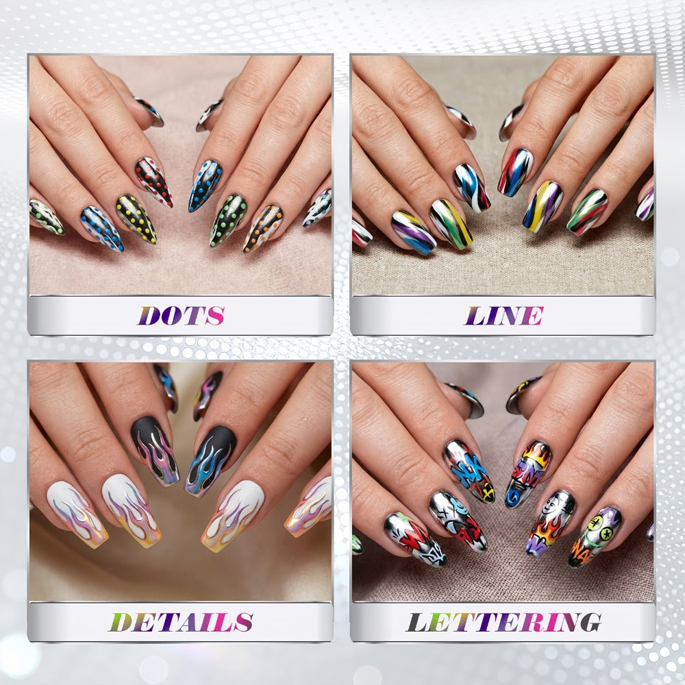 Nail Art Pens Set 10 Metallic Colors with 12pcs Nail Stickers – Dual-Headed 3D Acrylic Polish Markers for Doodle Dot Line Sti