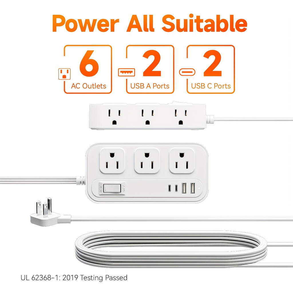 Power Strip Flat Plug with 6 AC Outlets, 2 USB-A, 2 USB-C and 3-Inch, 5-Foot or 10-Foot Cord Options — image 6