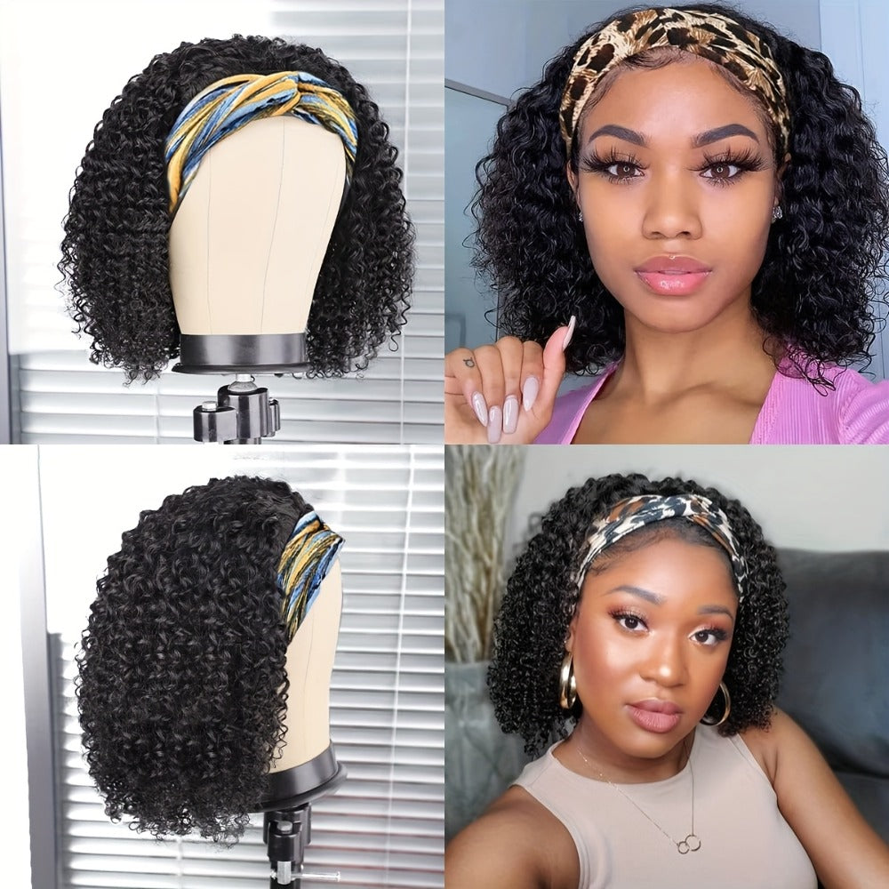Headband Wig Human Hair Short Curly Pixie 14 Inch No Glue No Lace Glueless Wear and Go Natural, for Home, Travel and Salon Ha