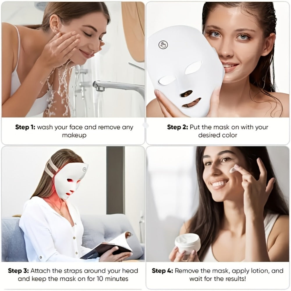 LED Light Therapy Face Mask 7-Function Photon Skin Rejuvenation Device - Red Blue Green Light for Bath Time, Home Spa and Per