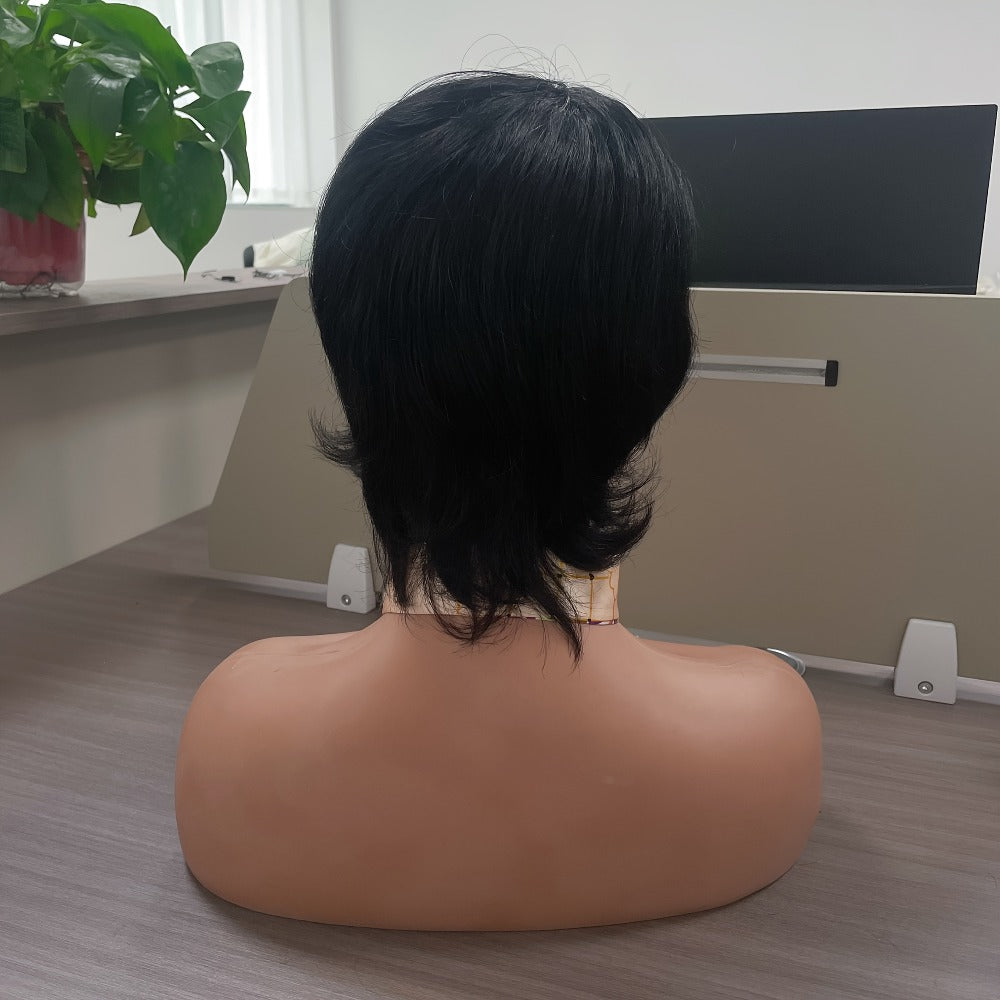 Wig Short Curly Wavy Pixie Bob in Natural Black, 6-Inch Human Hair with Bangs and Rose Net Cap — image 11