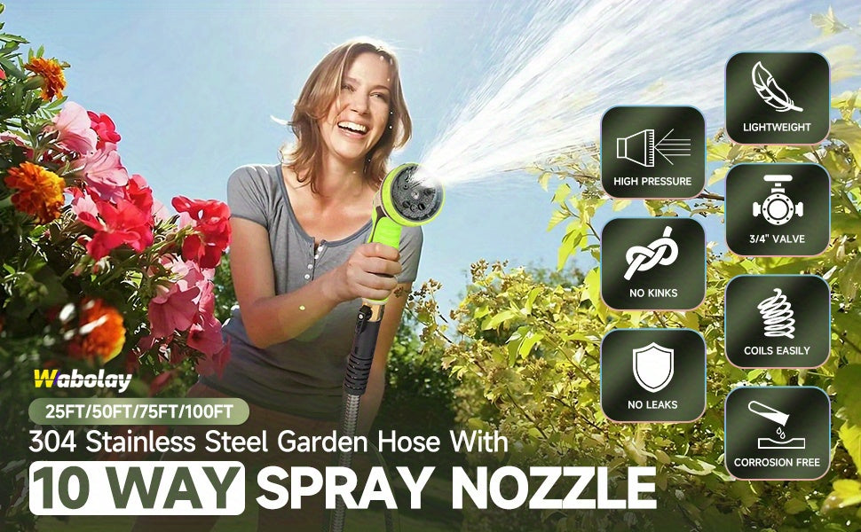 Stainless Steel Metal Garden Hose, Kink-Free, 10-Function Nozzle, Brass Fittings, 10FT to 150FT — image 6