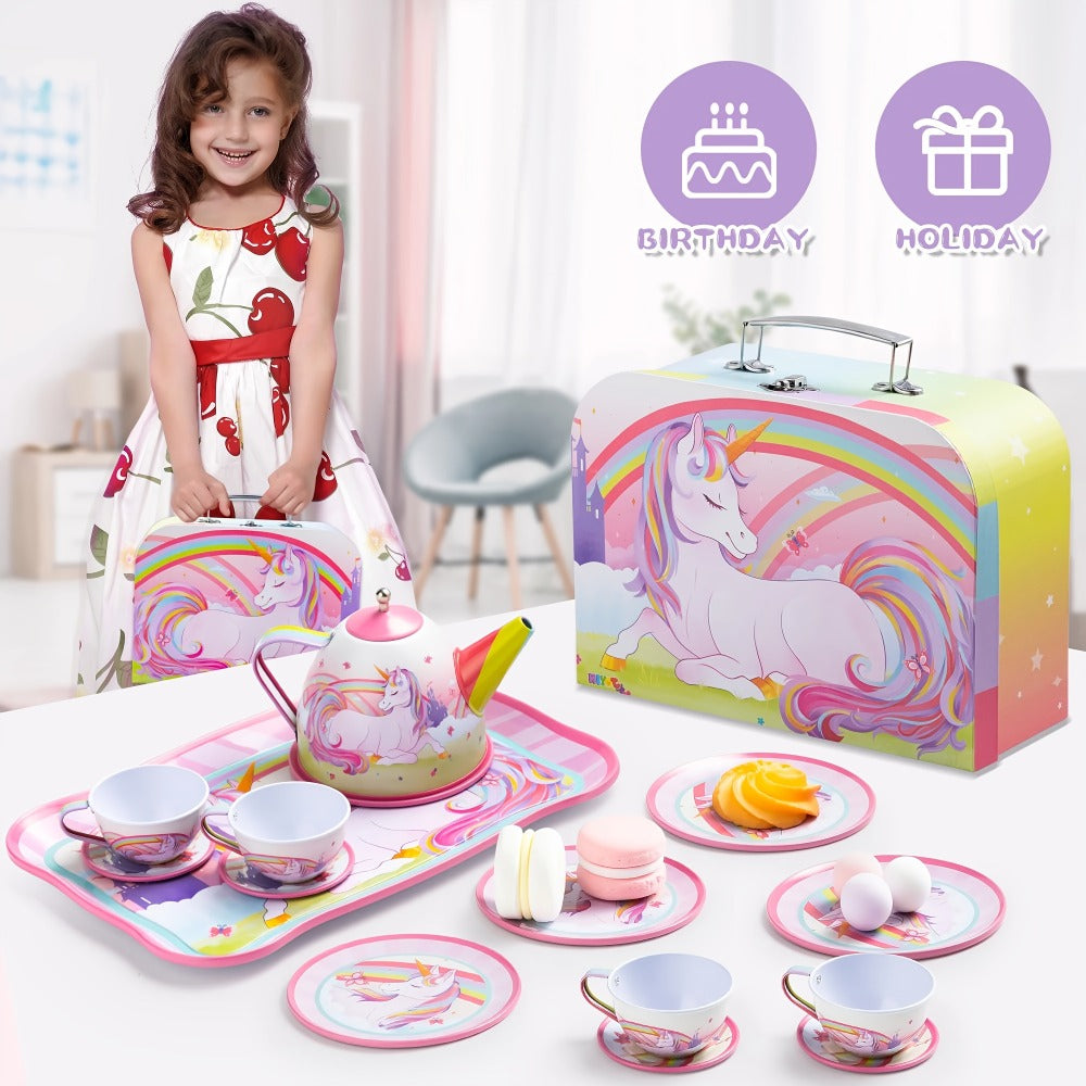 Pink Unicorn Tin Tea Set in Carry Case with Teapot, Four Cups, Four Saucers and Five Plates — image 6