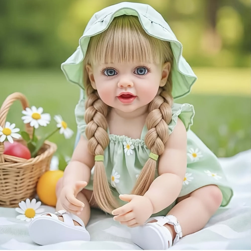 Reborn Baby Doll 22-Inch Full Vinyl Design with Long Blonde Hair, Open Eyes, Green Outfit and Accessories — image 7