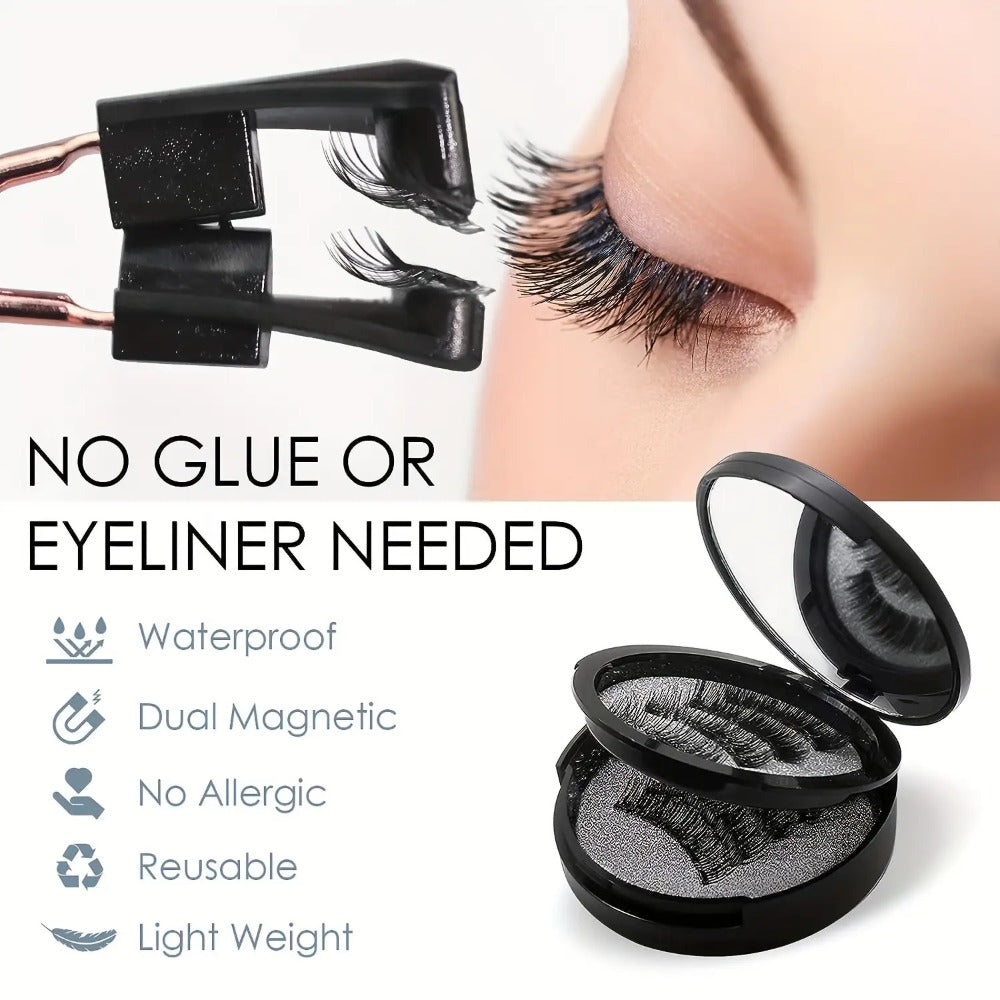 Black Double-Strip Magnetic False Eyelash Set with Round Storage Case and White Applicator — image 14