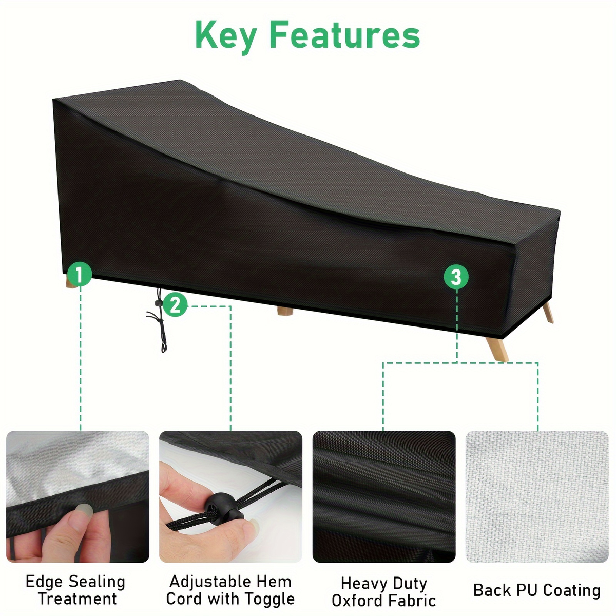 Black Chaise Lounge Cover with 210-by-80-by-75 cm Profile, Hem Cord and Pictured Storage Bag — image 4