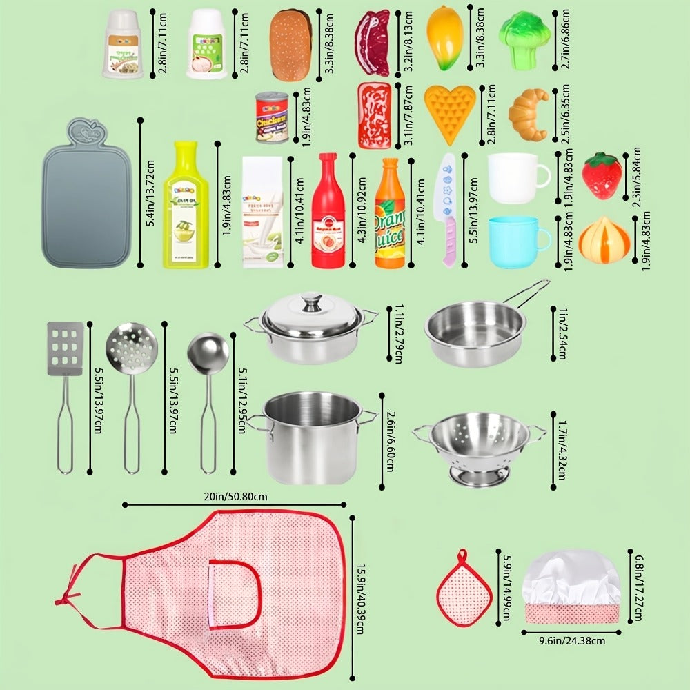 Kids Kitchen Playset 37pcs, Stainless Steel Play Pots & Pans Set with Apron, Chef Hat, Cooking Utensils & Play Food — image 9
