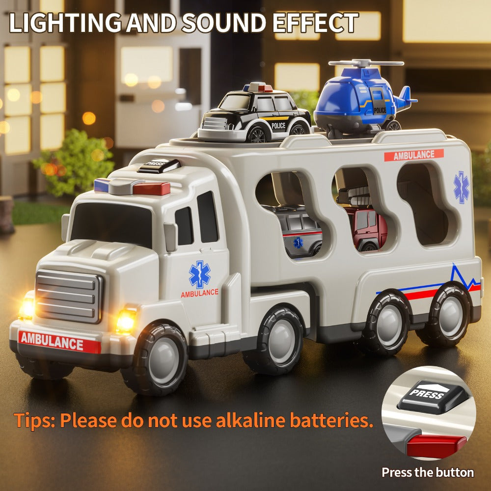 Ambulance Truck Toy 5-in-1 Carrier Set with Lights & Sounds, Friction Power Emergency Vehicle Playset for Kids Boys Ages 3+ —