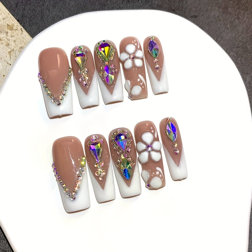 Press On Nails 10-Piece Square French-Tip Set with Nude White Gloss, AB Rhinestones and Floral Design — image 7