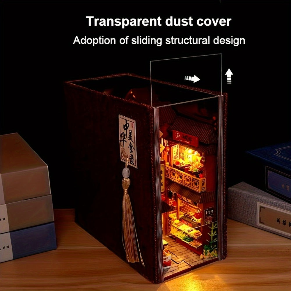 Book Nook Kit Chinese Food Street Miniature Dollhouse 3D Wooden Puzzle Bookshelf Insert DIY Model Building Set for Adults Tee