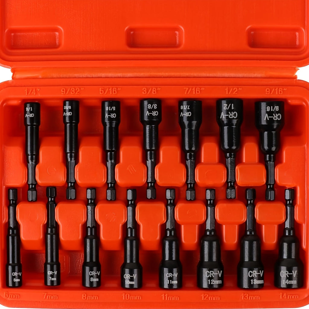 Magnetic Nut Driver Set 15-Piece 1/4" Hex Shank – SAE 1/4" to 9/16" & Metric 6-14mm Chrome Vanadium Steel Impact Nut Drivers 