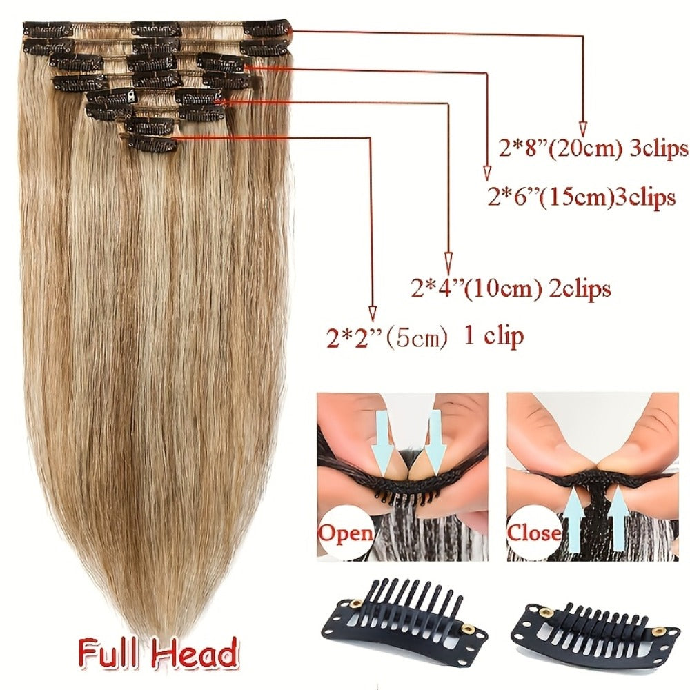 Hair Extensions Straight Remy Human Hair Clip-In Set with Eight Wefts, Highlighted Blonde Colors and 8–24-Inch Lengths — imag