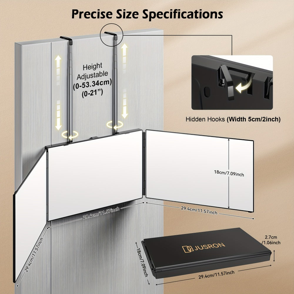 Three-Way Hair Cutting Mirror with Folding Panels, Adjustable Door Hooks and LED, Non-LED or Two-Pack Options — image 6