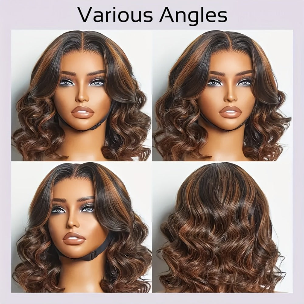200% Density Lace Front Wig Human Hair Brown Highlights Long Wavy Pre-Plucked Glueless Heat, for Home, Travel and Salon Hair 