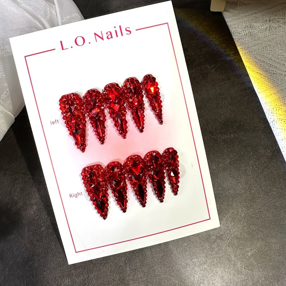 Press On Nails 10-Piece Long Water-Drop Set with Red Glass Glitter and Removable Self-Adhesive Gel Tabs — image 3