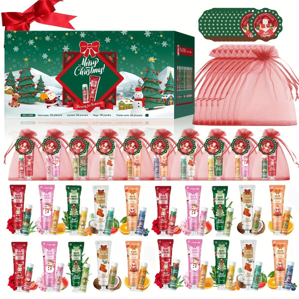 Bulk Gift Set 120 Pieces Lip Balm & Hand Cream with Red Velvet Bags & Holiday Cards – Moisturizing Party Favors for Colleague