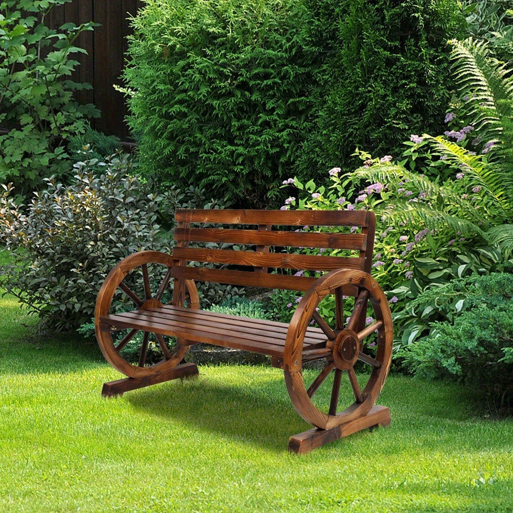 Outdoor Wooden Wheel Bench 3-Person Wagon Slatted Seat Weatherproof Porch Garden — image 9