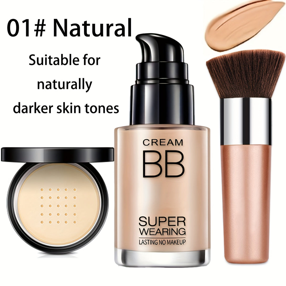 BB Cream Makeup Kit with Loose Setting Powder Brush & Sponge – Full Coverage Waterproof Long-Lasting Hydrating Foundation Set