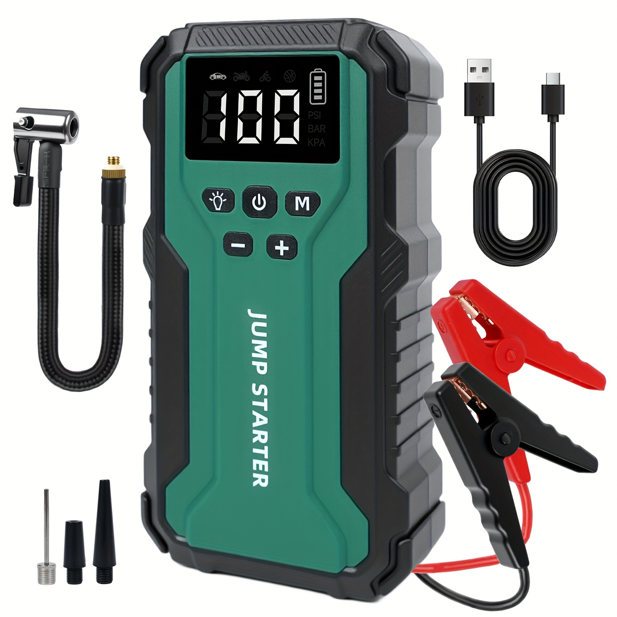 10000A Car Jump Starter with 12V Clamps, LED Light and Optional Integrated Air Pump in Red, Green or Gray — image 24