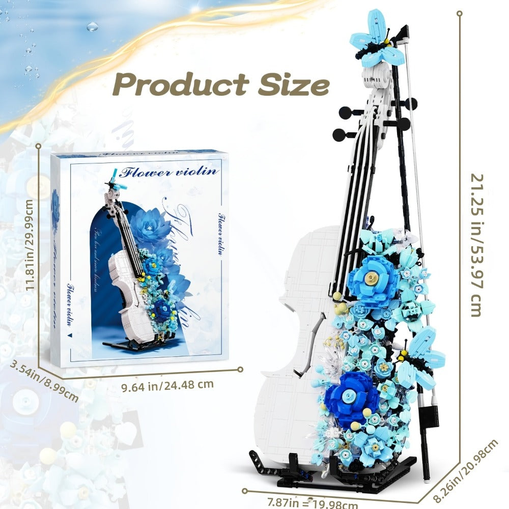 1419-Piece Flower Violin Building Block Model with Brick-Built Stand, Blue Blooms and Panel Detail — image 3