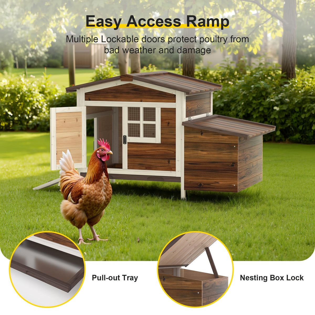 Hen House Outdoor Wooden Chicken Coop with Nesting Box Ramp Removable Tray Elevated Design Fir Wood for Garden, Patio and Yar