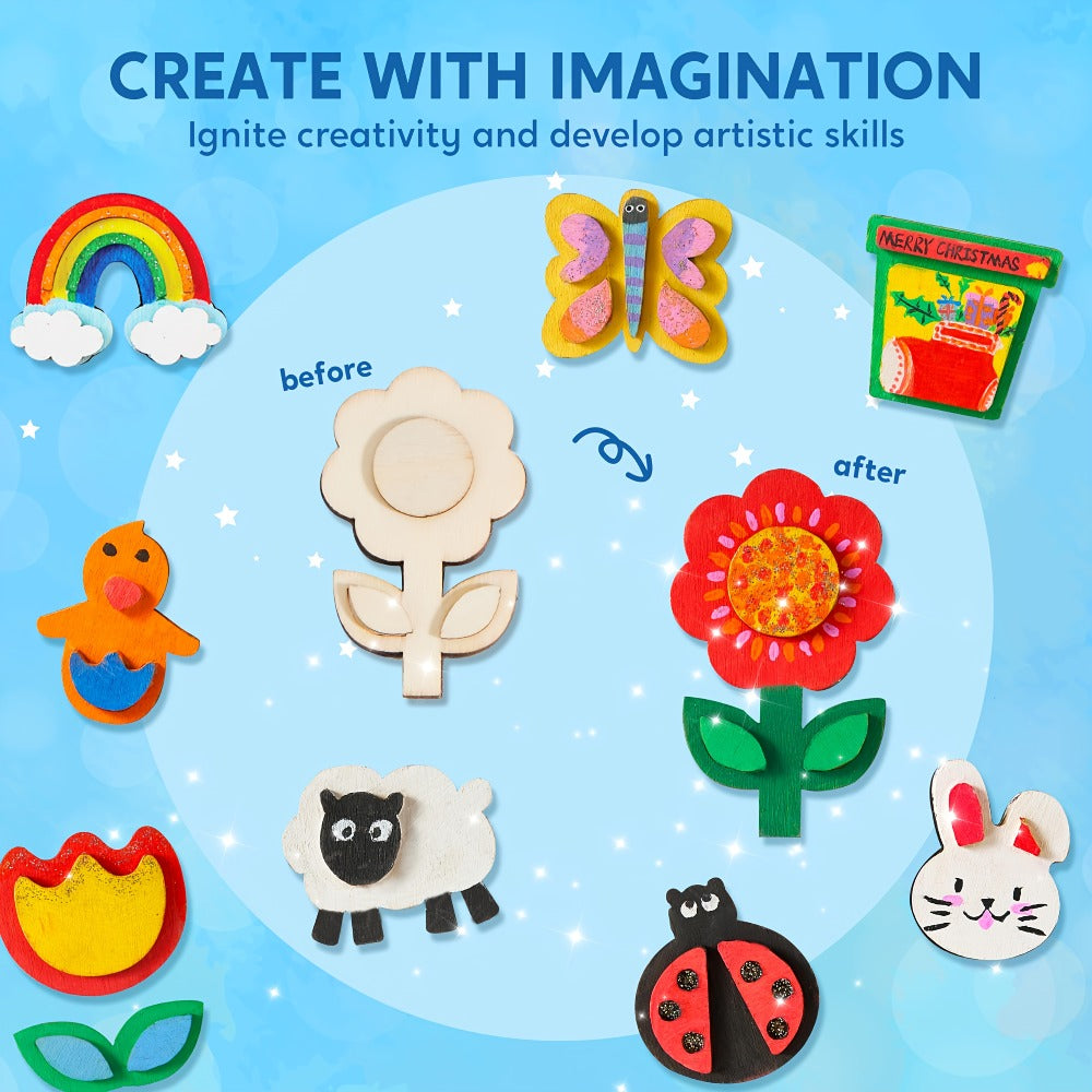 Wooden Magnet Painting Craft Kit, 12-Piece Nature Shape Set with Six Paint Tubs, Brushes and Glitter Pen — image 4
